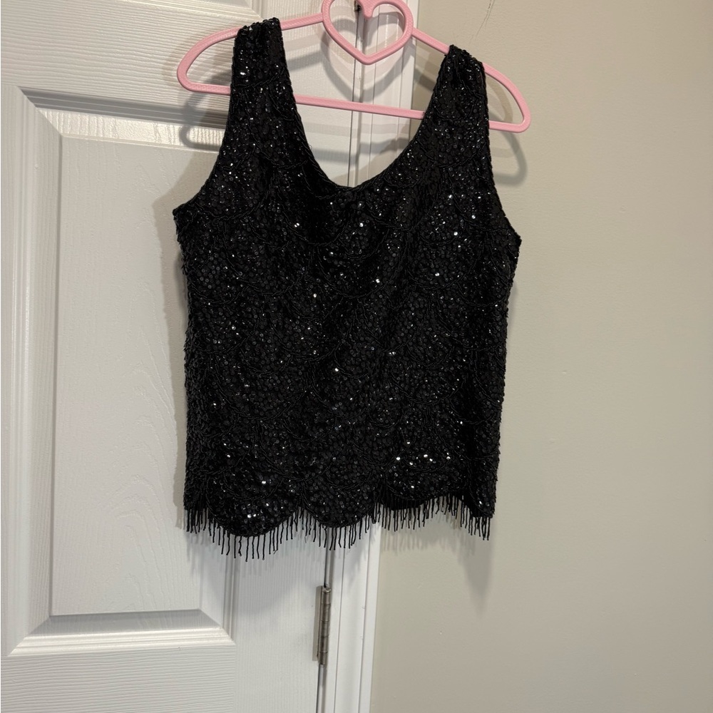 Vintage HONG KONG BLACK SPARKLY BEADED SEQUINS EVENING 100% WOOL
TOP SZE M - Picture 7 of 10